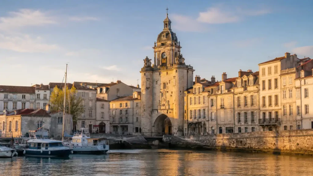 Grosse Horloge de La Rochelle au bord du Vieux-Port Vue de la Grosse Horloge de La Rochelle au bord du Vieux-Port, avec les bateaux, les quais et les bâtiments historiques.
