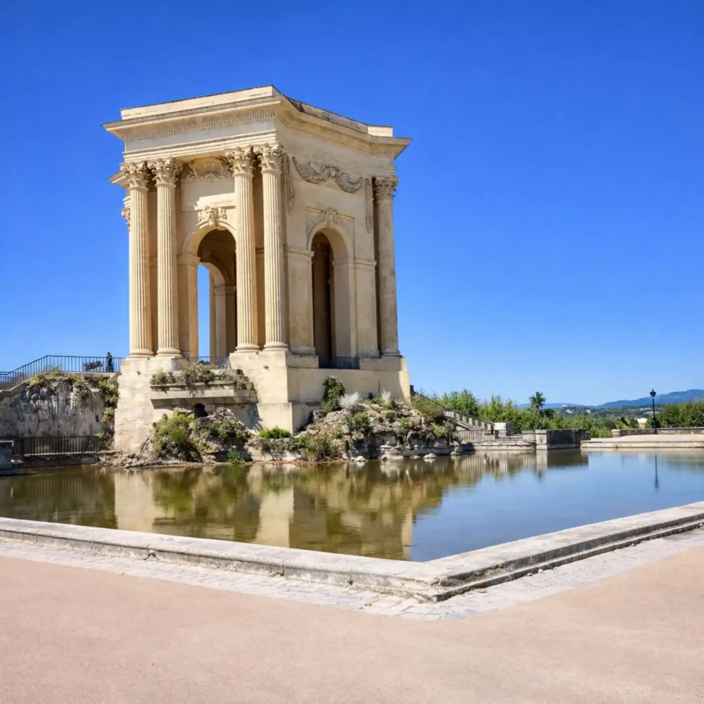Château d’eau du Peyrou Vue du château d’eau du Peyrou à Montpellier avec bassin et ciel bleu.