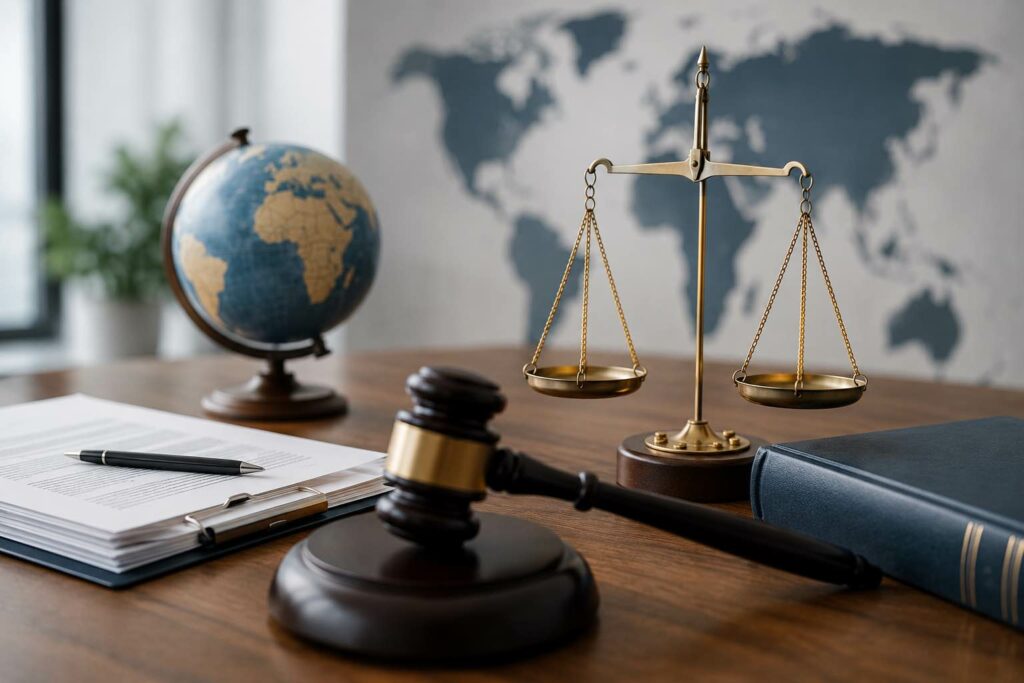 Adaptation des CGV à la législation internationale Balance de la justice, globe et documents juridiques illustrant l’adaptation des CGV à la législation du pays concerné.