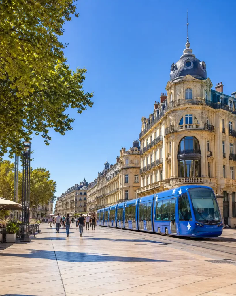 Agence de traduction Montpellier – tramway et centre-ville Vue du centre-ville de Montpellier avec tramway bleu, architecture historique et promenade ensoleillée.