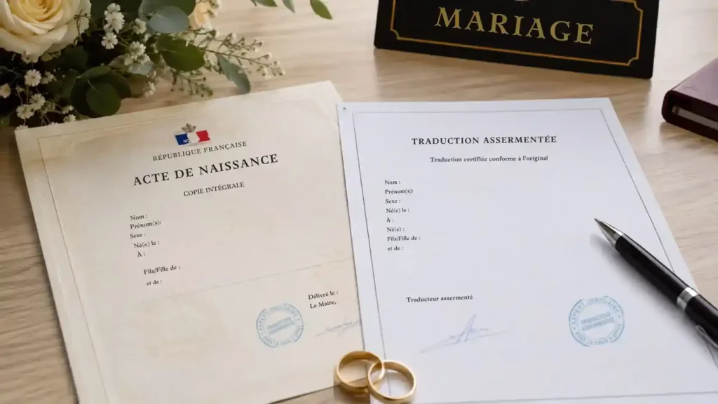 Acte de naissance et traduction certifiée avec cachet officiel pour une démarche administrative ou de naturalisation.