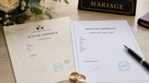 Acte de naissance et traduction certifiée avec cachet officiel pour une démarche administrative ou de naturalisation.