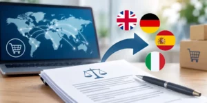 Illustration représentant la traduction des CGV pour vendre à l'étranger avec un contrat, un ordinateur, une carte du monde et des colis destinés à l'international.