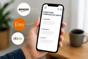 Illustration représentant la consultation de conditions générales de vente (CGV) sur un smartphone pour une boutique vendant sur Amazon, Etsy, eBay et d'autres marketplaces internationales.