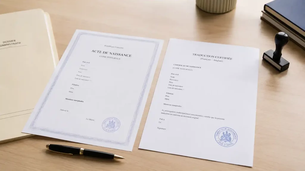 Acte de naissance et traduction certifiée avec cachet officiel pour une démarche administrative ou de naturalisation.