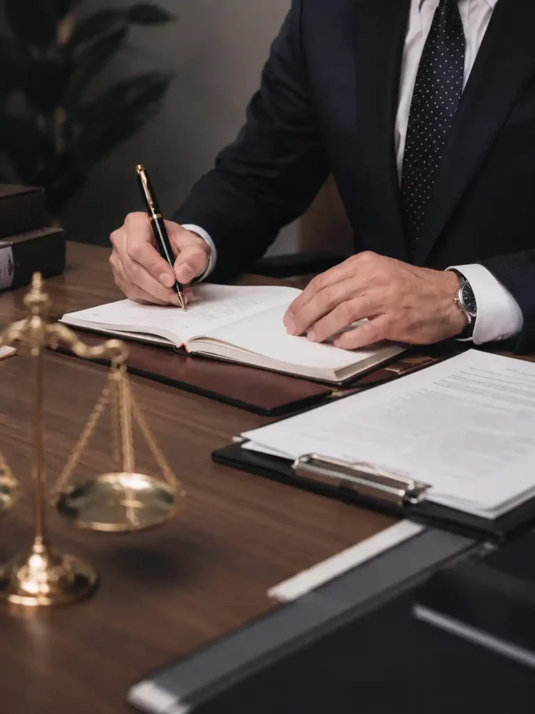 Bureau professionnel avec documents juridiques et balance de justice illustrant la traduction certificat de célibat par un traducteur assermenté