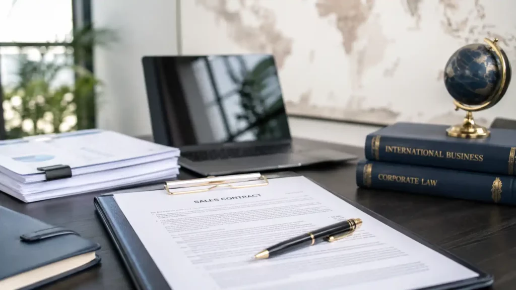 Document de contrat de vente sur un bureau avec éléments juridiques et internationaux, représentant un service de traduction contrat de vente.