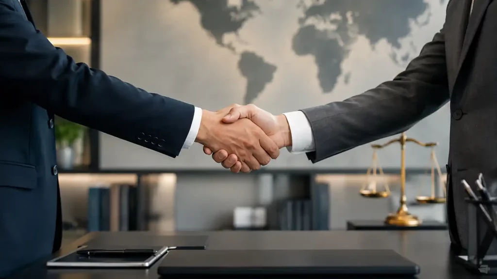 Poignée de main professionnelle symbolisant la sécurisation d’un contrat de vente dans un contexte juridique et international.