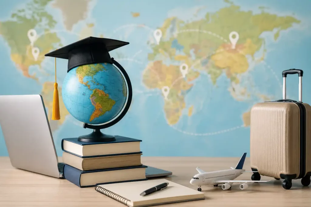 Études à l’étranger et traduction d’acte de naissance Globe, livres, valise et ordinateur illustrant les démarches pour étudier à l’étranger avec une traduction d’acte de naissance.