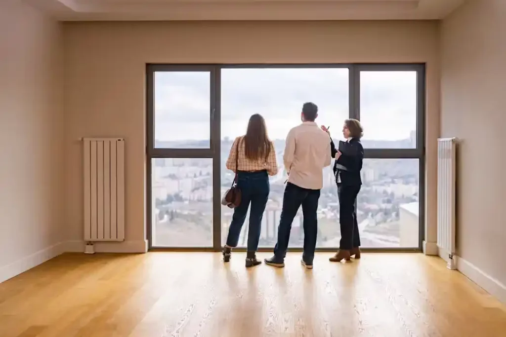 Location d’un logement en France ou à l’étranger – dossier locatif Couple visitant un logement avec une agente immobilière pour préparer un dossier de location en France ou à l’étranger