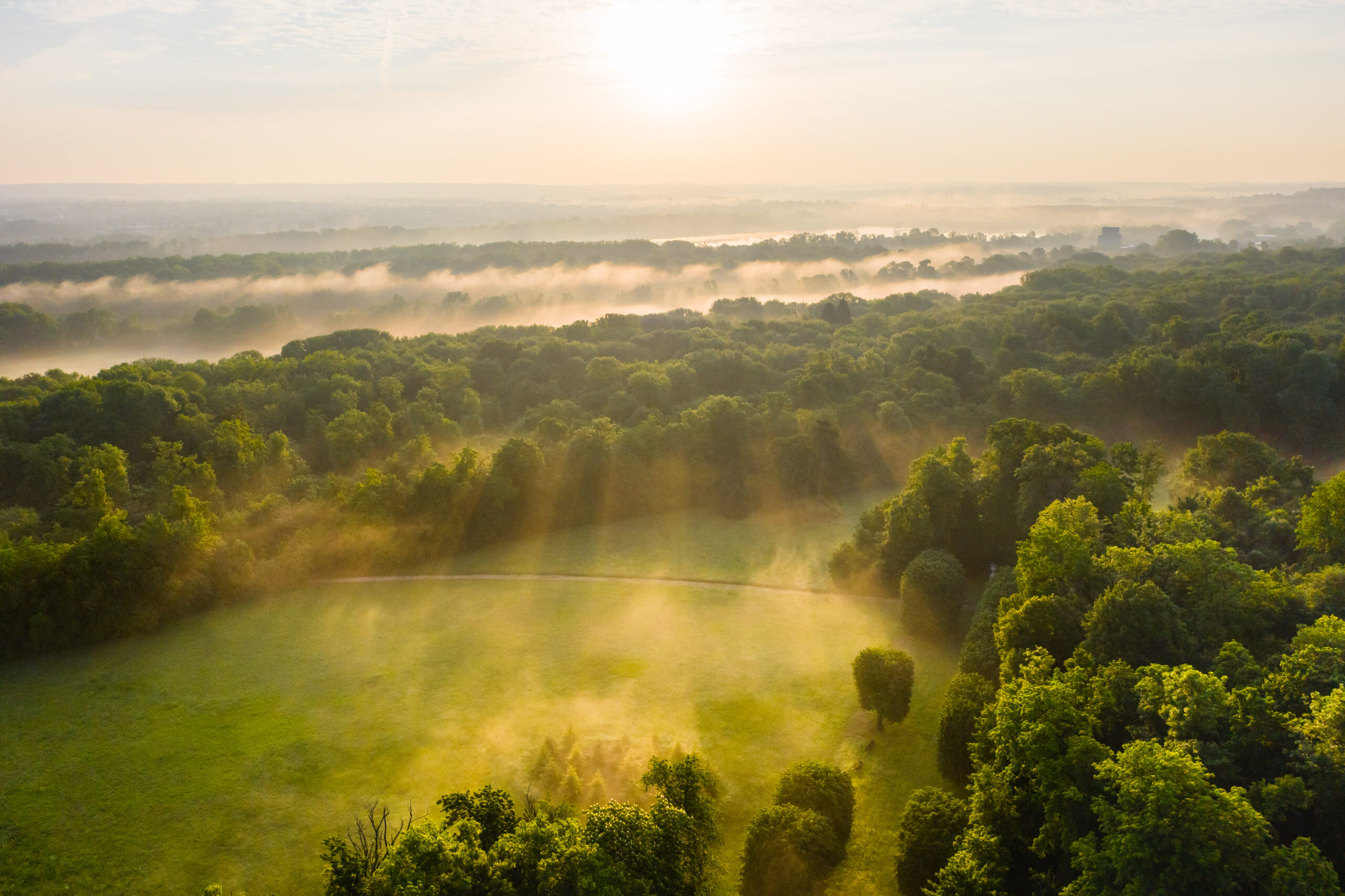 Rayons du soleil au-dessus du parc de Noisiel au lever du jour, vus depuis les jardins de Champs-sur-Marne