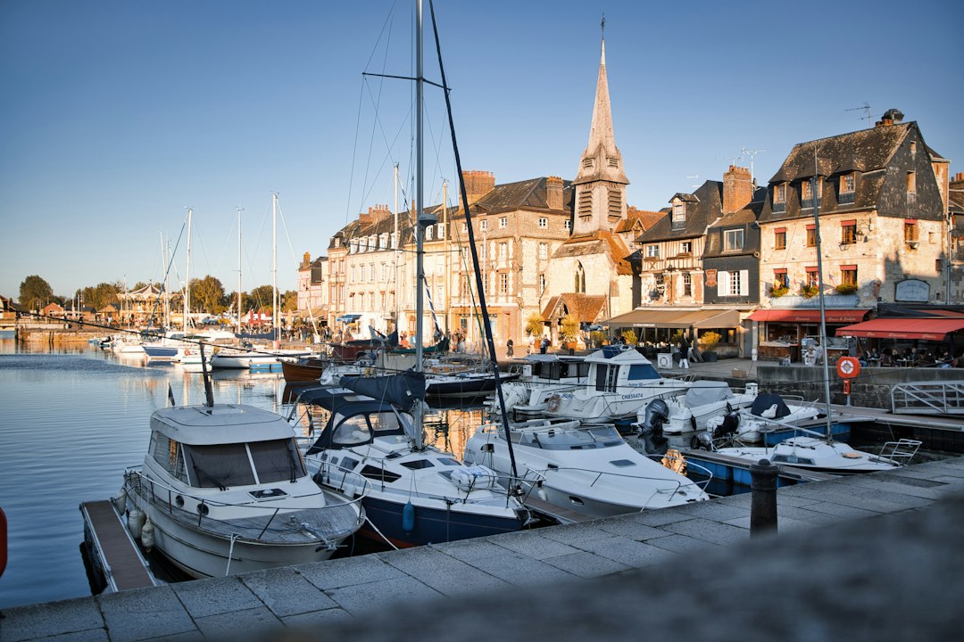 Bateaux et façades du Vieux Bassin de Honfleur en Normandie